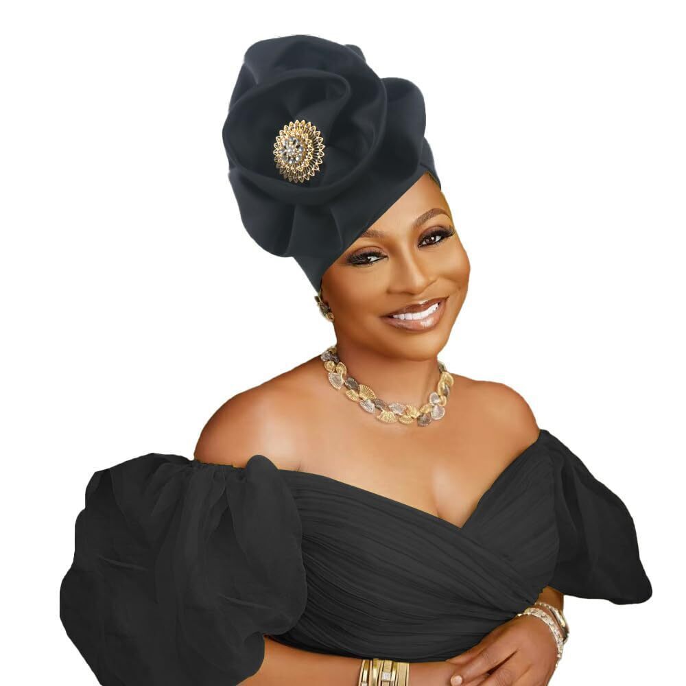 1827 Elegant Floral Turban Head Wrap, Crystal Brooch Detail, Multi-Color